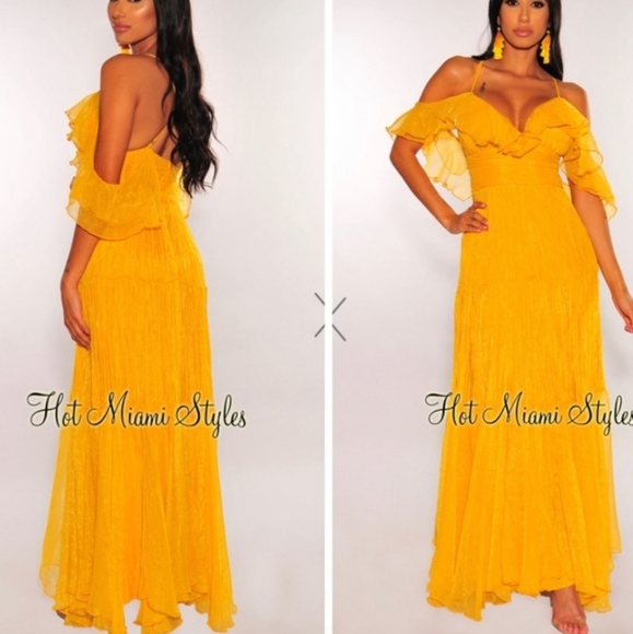 Golden Ruffle Off The Shoulder Maxi Dress - Picture 3 of 4